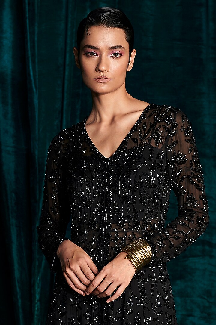 Black Organza Cutdana & Pearl Embroidered Jacket Set by Kashmiraa at Pernia's Pop Up Shop