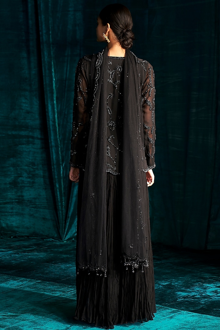 Black Georgette Wedding Sharara Set by Kashmiraa at Pernia's Pop Up Shop