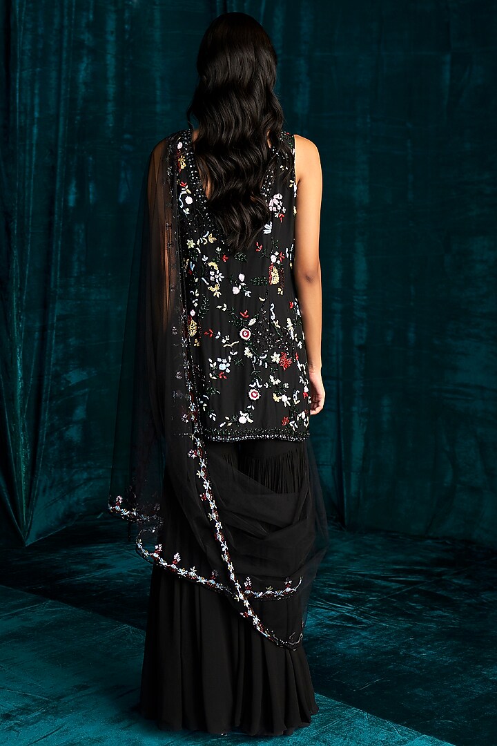 Black Georgette Wedding Sharara Set by Kashmiraa at Pernia's Pop Up Shop