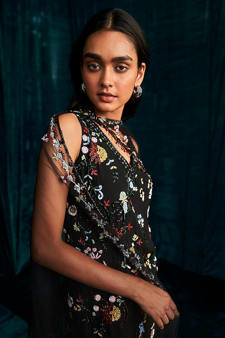 Black Georgette Wedding Sharara Set by Kashmiraa at Pernia's Pop Up Shop