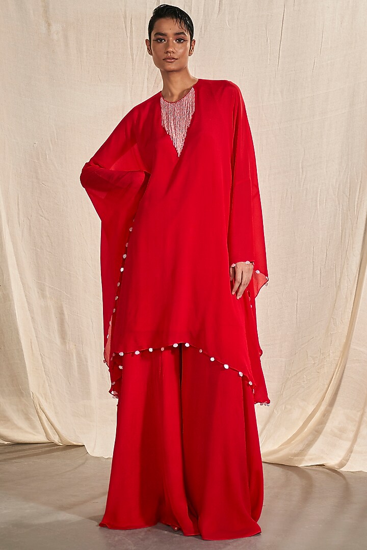 Red Chinon Chiffon Crystal Work Cape Set by Kashmiraa at Pernia's Pop Up Shop
