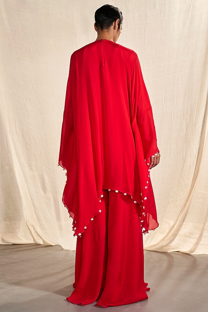 Red Chinon Chiffon Crystal Work Cape Set by Kashmiraa at Pernia's Pop Up Shop