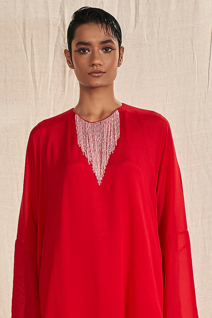 Red Chinon Chiffon Crystal Work Cape Set by Kashmiraa at Pernia's Pop Up Shop