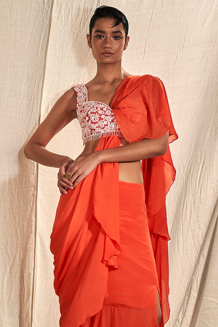 Orange Chinon Chiffon Frilled Wedding Saree Set by Kashmiraa at Pernia's Pop Up Shop