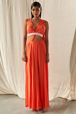 Orange Chinon Chiffon Pant Saree Set by kashmiraa