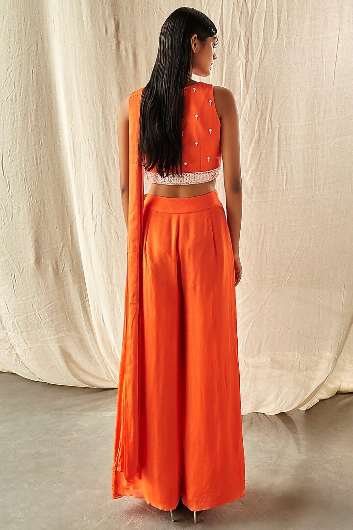 Orange Chinon Chiffon Pant Party Wear Saree Set by Kashmiraa at Pernia's Pop Up Shop