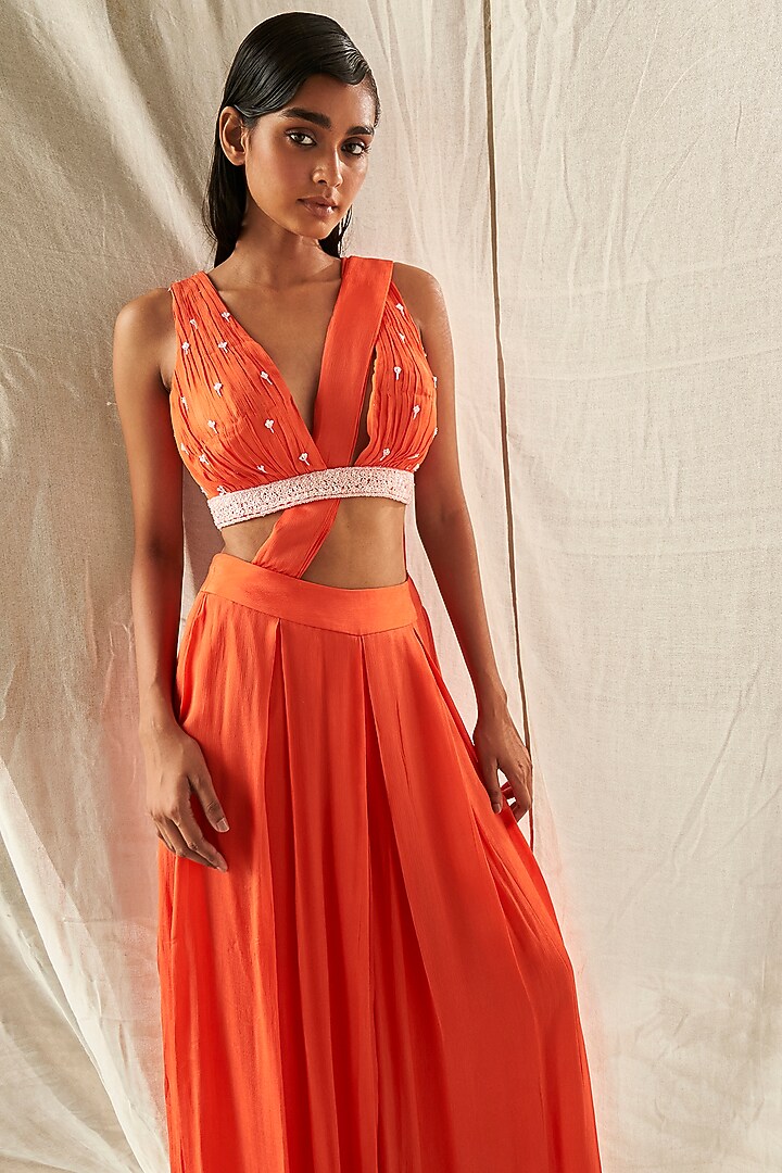 Orange Chinon Chiffon Pant Party Wear Saree Set by Kashmiraa at Pernia's Pop Up Shop
