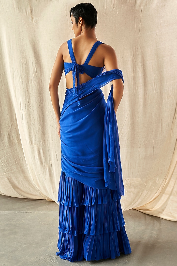 Blue Chinon Chiffon Frilled Wedding Saree Set by Kashmiraa at Pernia's Pop Up Shop