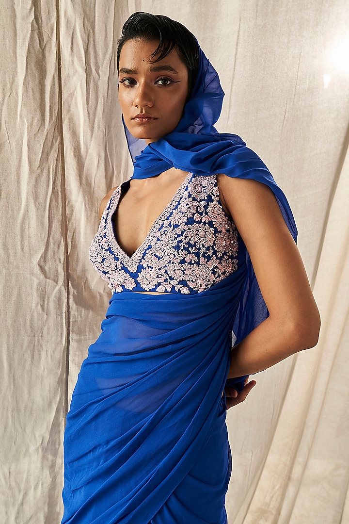 Blue Chinon Chiffon Frilled Wedding Saree Set by Kashmiraa at Pernia's Pop Up Shop