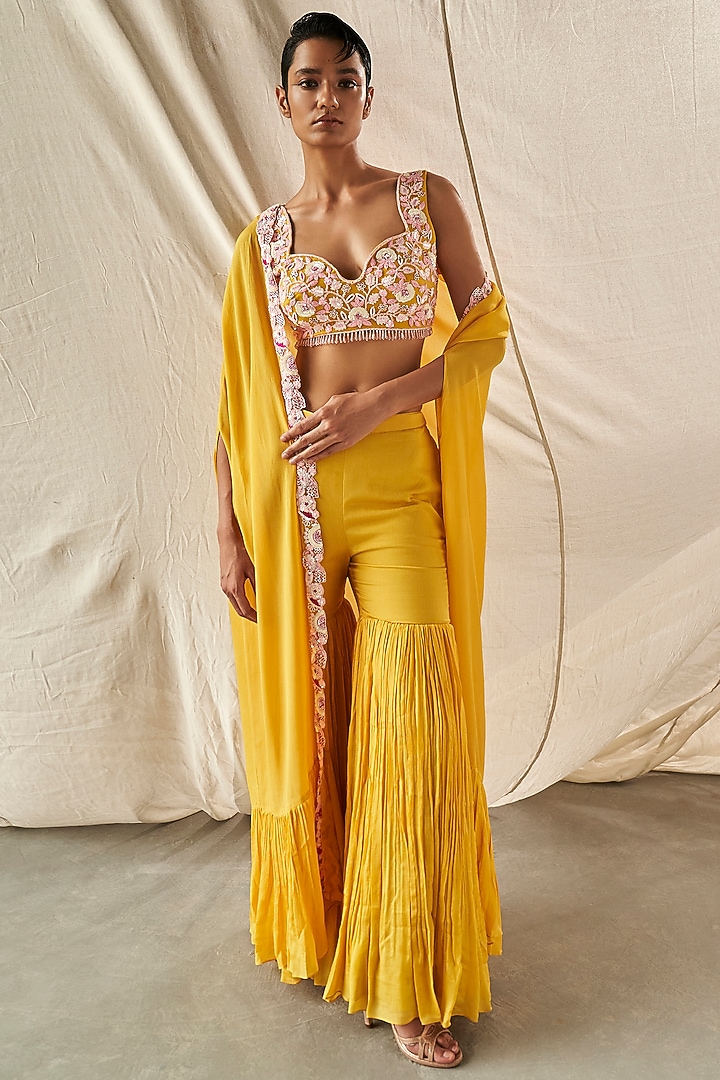 Yellow Chinon Chiffon Cape Set by Kashmiraa at Pernia's Pop Up Shop