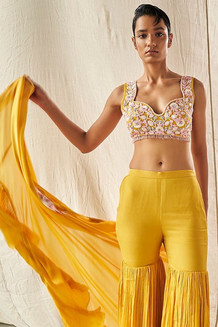 Yellow Chinon Chiffon Cape Set by Kashmiraa at Pernia's Pop Up Shop