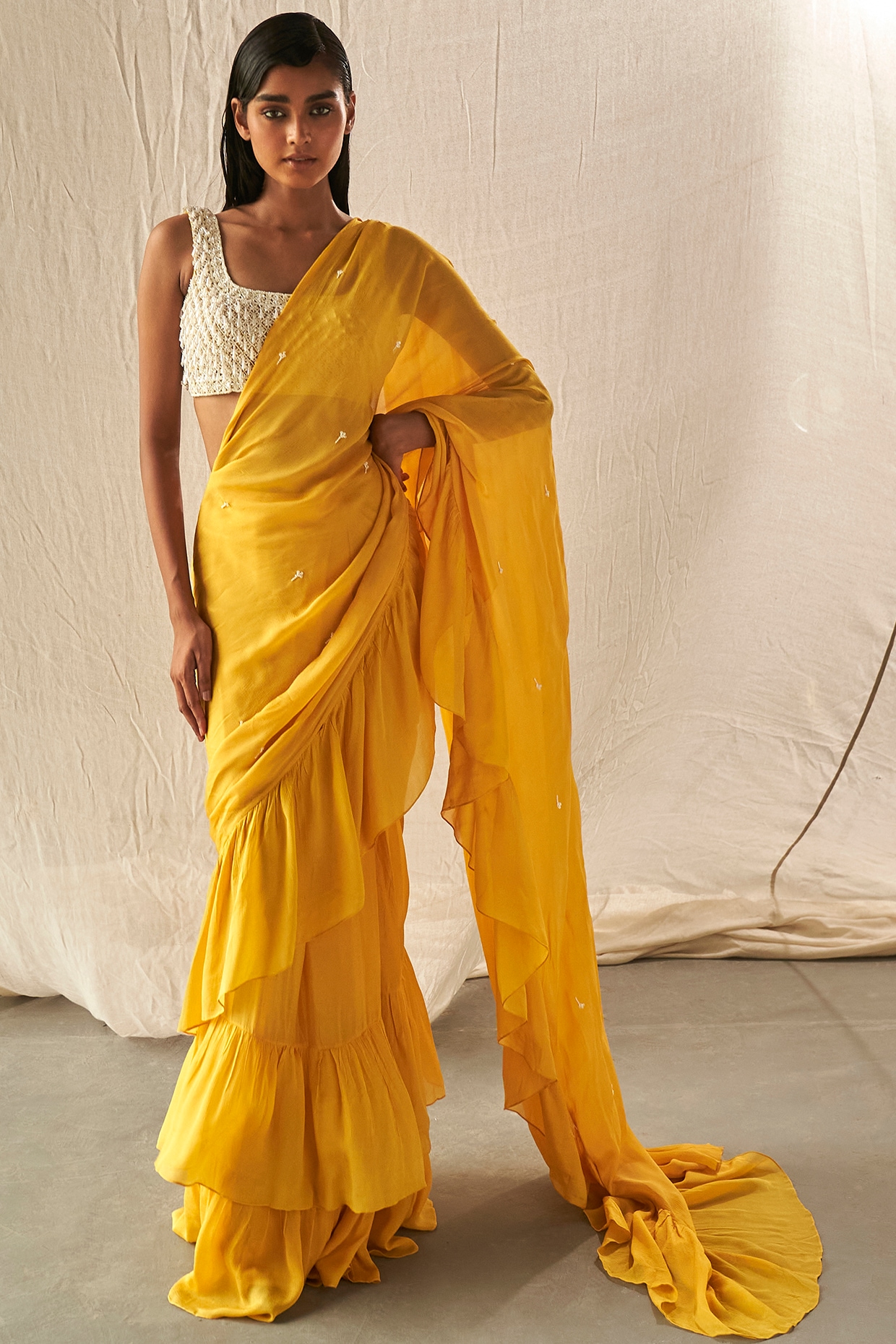 Yellow Embroidered Organza Saree – Surat supplier