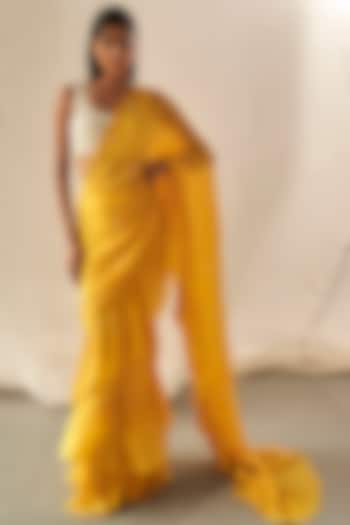 Yellow Chinon Chiffon Frilled Saree Set by Kashmiraa