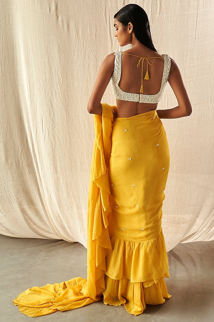 Yellow Chinon Chiffon Frilled Wedding Saree Set by Kashmiraa at Pernia's Pop Up Shop