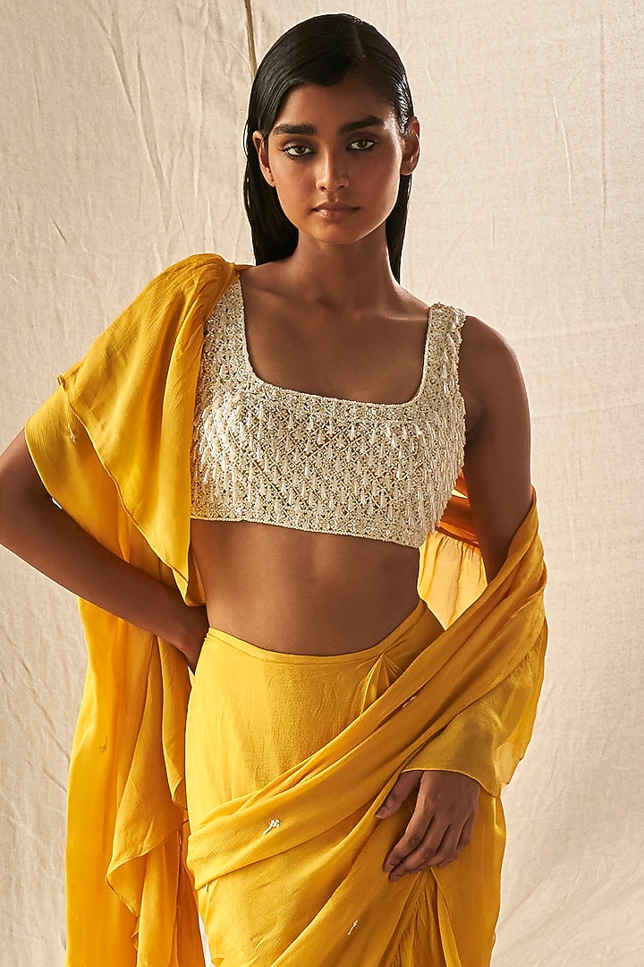 Yellow Chinon Chiffon Frilled Wedding Saree Set by Kashmiraa at Pernia's Pop Up Shop