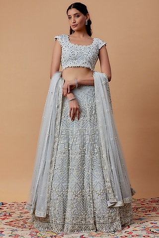 Grey Net & Crepe Embroidered Lehenga Set by Keerthi Kadire