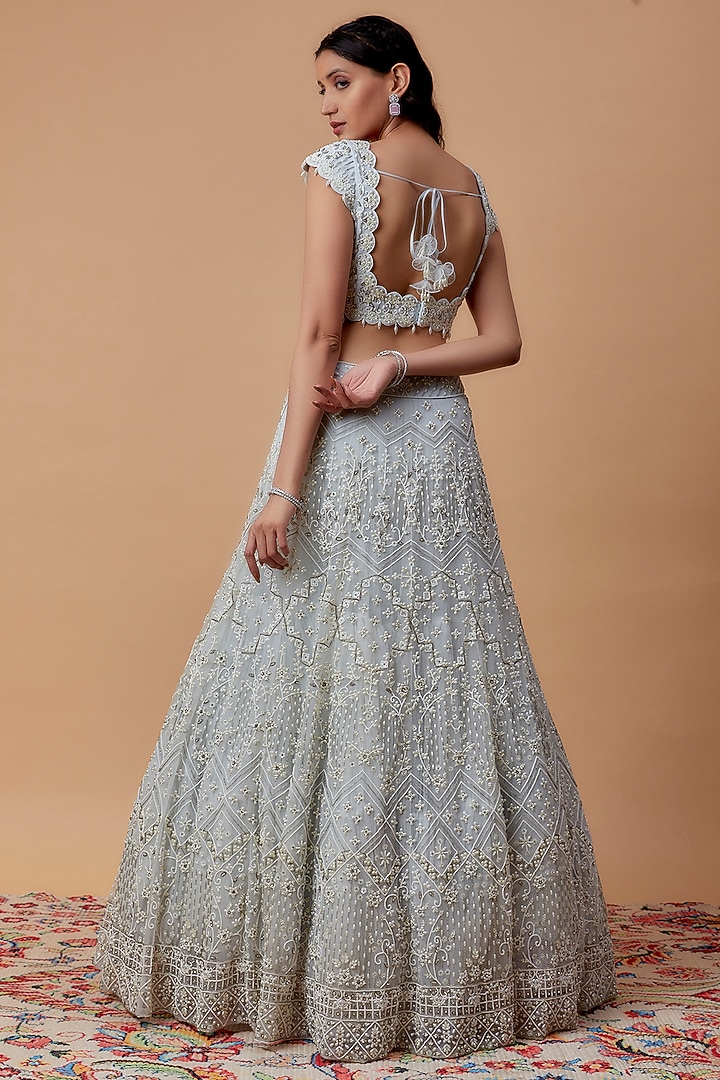 Grey Net & Crepe Embroidered Bridal Lehenga Set by Keerthi Kadire at Pernia's Pop Up Shop