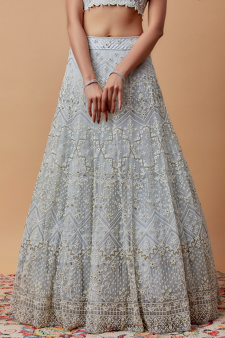 Grey Net & Crepe Embroidered Bridal Lehenga Set by Keerthi Kadire at Pernia's Pop Up Shop