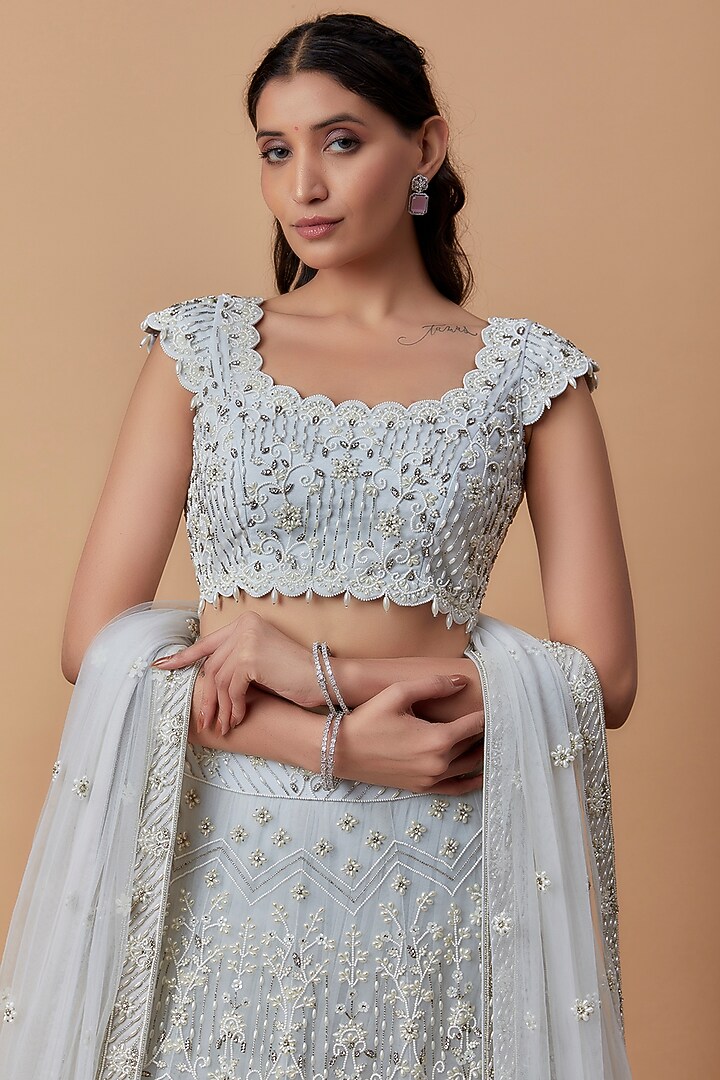 Grey Net & Crepe Embroidered Bridal Lehenga Set by Keerthi Kadire at Pernia's Pop Up Shop