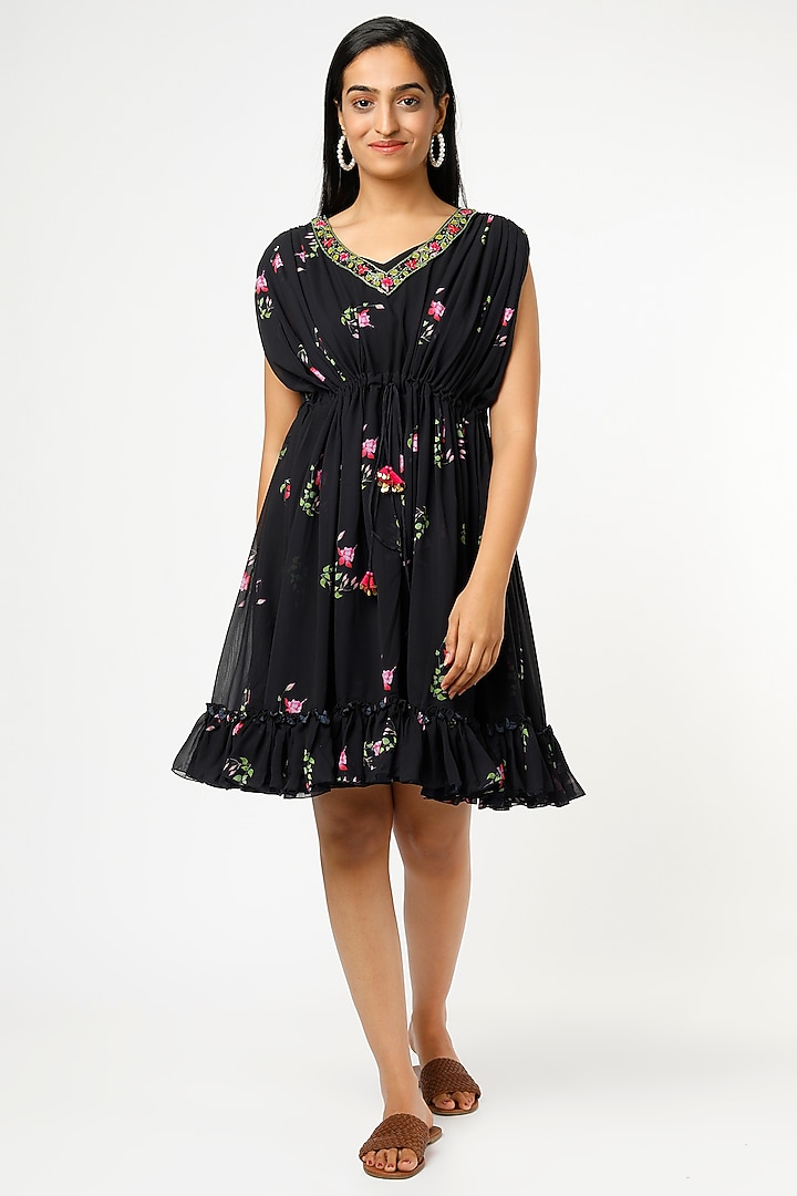 Black Georgette Mini Kaftan by Keerthi Kadire at Pernia's Pop Up Shop