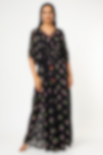 Black Georgette Embroidered Kaftan by Keerthi Kadire at Pernia's Pop Up Shop