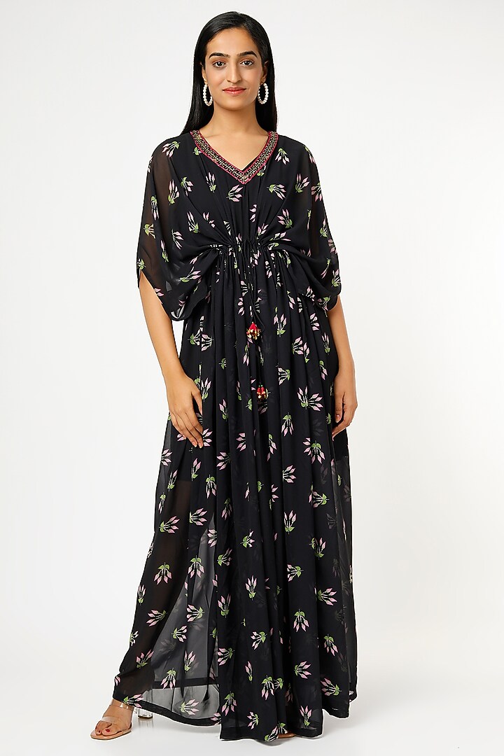 Black Georgette Embroidered Kaftan by Keerthi Kadire at Pernia's Pop Up Shop