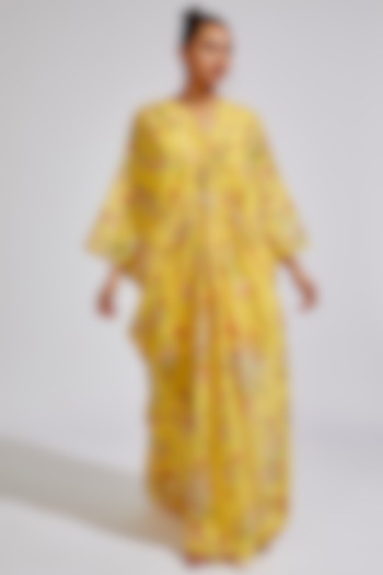 Yellow Georgette Printed & Embroidered Kaftan by Keerthi Kadire at Pernia's Pop Up Shop