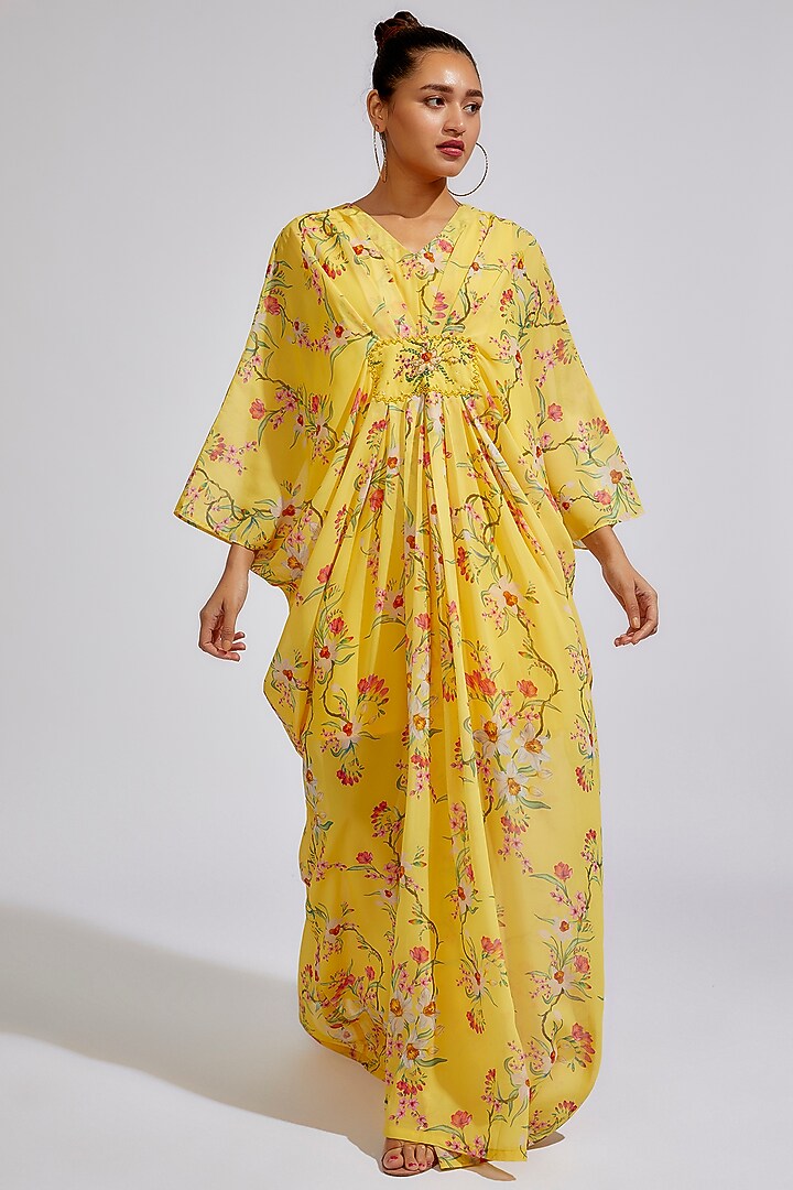 Yellow Georgette Printed & Embroidered Kaftan by Keerthi Kadire at Pernia's Pop Up Shop