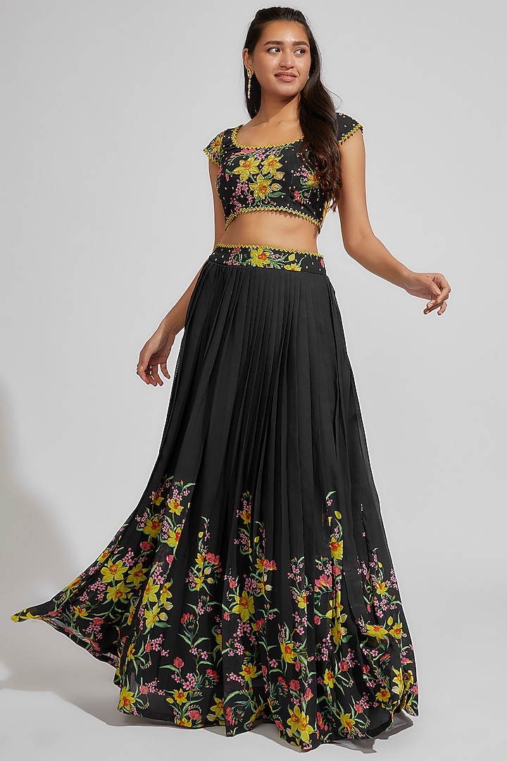 Black Georgette Printed & Embroidered Lehenga Set by Keerthi Kadire