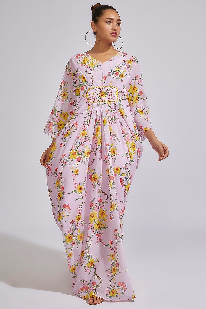 Blush Pink Georgette Printed & Embroidered Kaftan by Keerthi Kadire at Pernia's Pop Up Shop