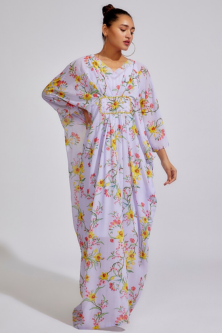 Lavender Georgette Printed & Embroidered Kaftan by Keerthi Kadire at Pernia's Pop Up Shop