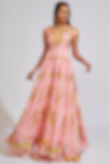 Peach Silk Printed & Embroidered Party Wear Anarkali by Keerthi Kadire at Pernia's Pop Up Shop