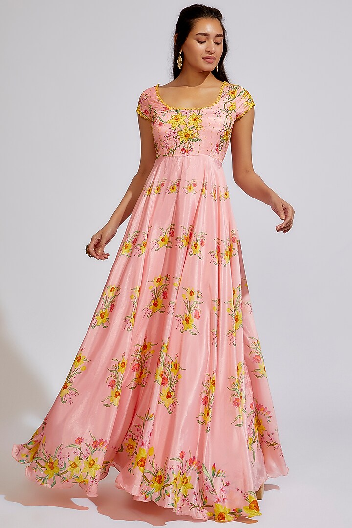 Peach Silk Printed & Embroidered Party Wear Anarkali by Keerthi Kadire at Pernia's Pop Up Shop