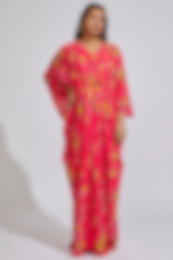 Reddish Pink Silk Printed & Embroidered Kaftan by Keerthi Kadire at Pernia's Pop Up Shop