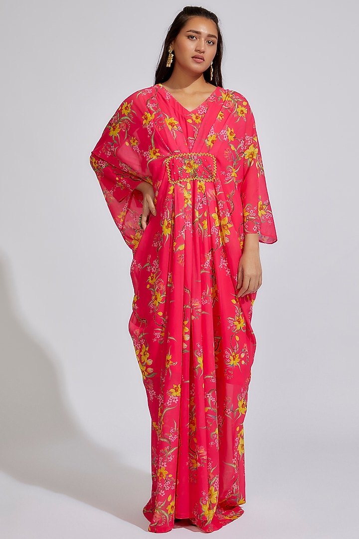 Reddish Pink Silk Printed & Embroidered Kaftan by Keerthi Kadire at Pernia's Pop Up Shop