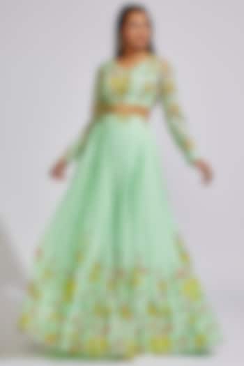 Pista Green Georgette Printed & Embroidered Lehenga Set by Keerthi Kadire at Pernia's Pop Up Shop