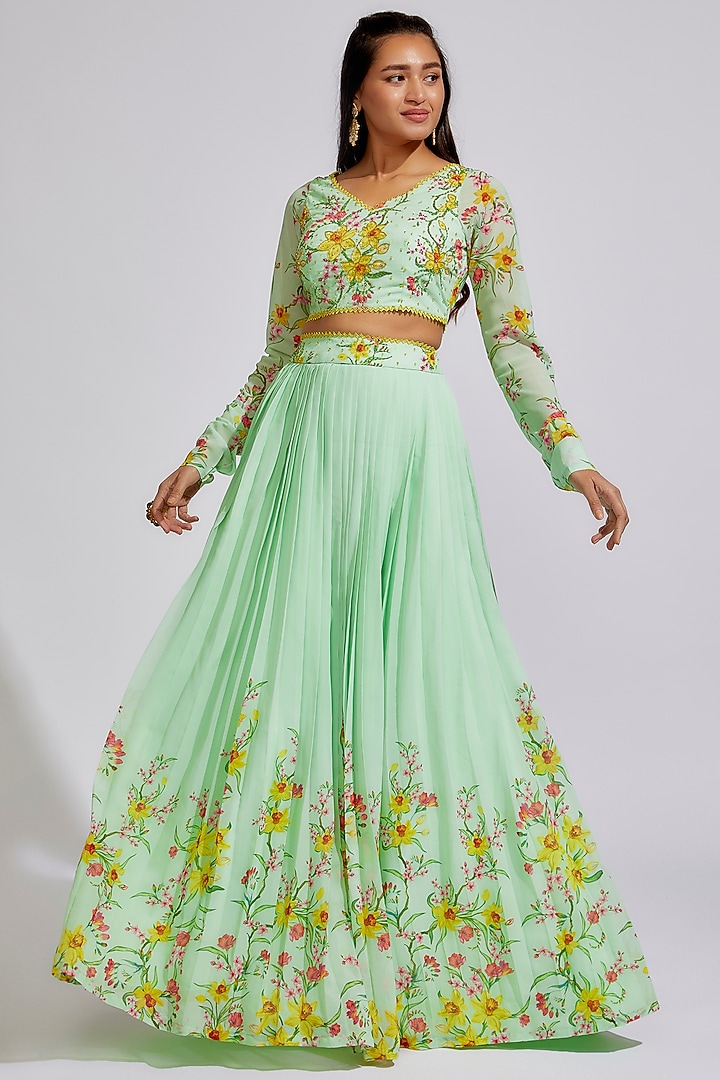 Pista Green Georgette Printed & Embroidered Lehenga Set by Keerthi Kadire at Pernia's Pop Up Shop