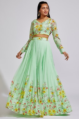 Pista Green Georgette Printed & Embroidered Lehenga Set by Keerthi Kadire