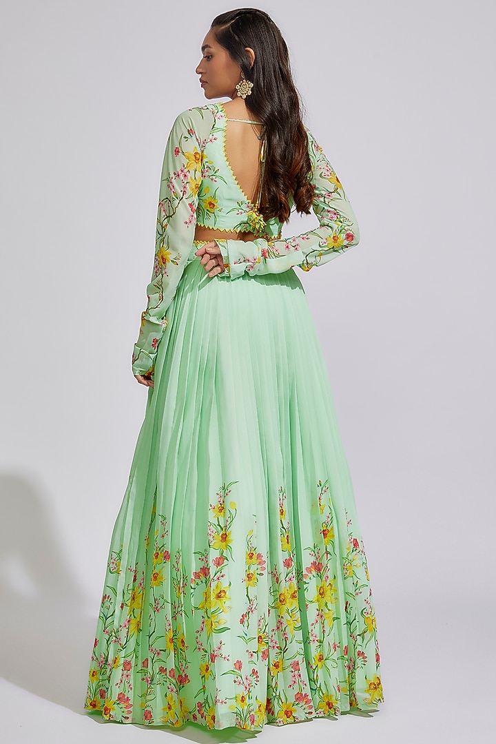 Pista Green Georgette Printed & Embroidered Lehenga Set by Keerthi Kadire at Pernia's Pop Up Shop