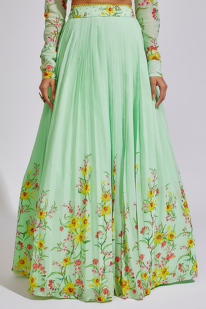 Pista Green Georgette Printed & Embroidered Lehenga Set by Keerthi Kadire at Pernia's Pop Up Shop