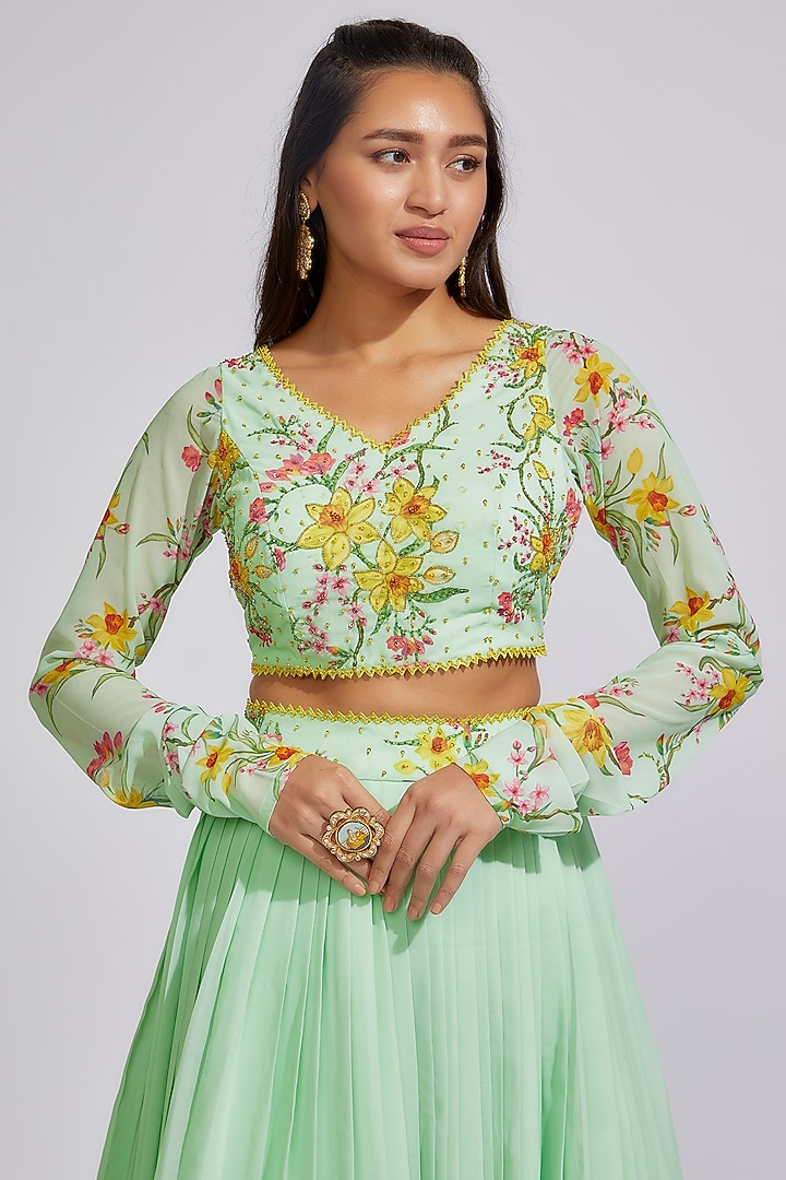 Pista Green Georgette Printed & Embroidered Lehenga Set by Keerthi Kadire at Pernia's Pop Up Shop