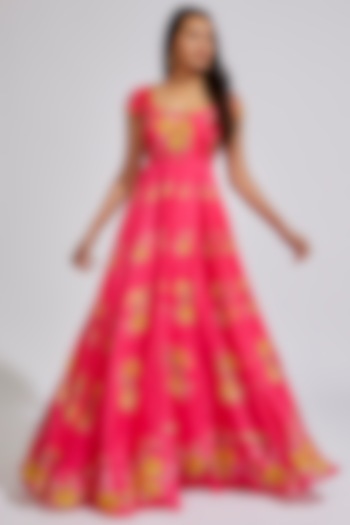 Reddish Pink Georgette Printed & Embroidered Party Wear Anarkali by Keerthi Kadire at Pernia's Pop Up Shop