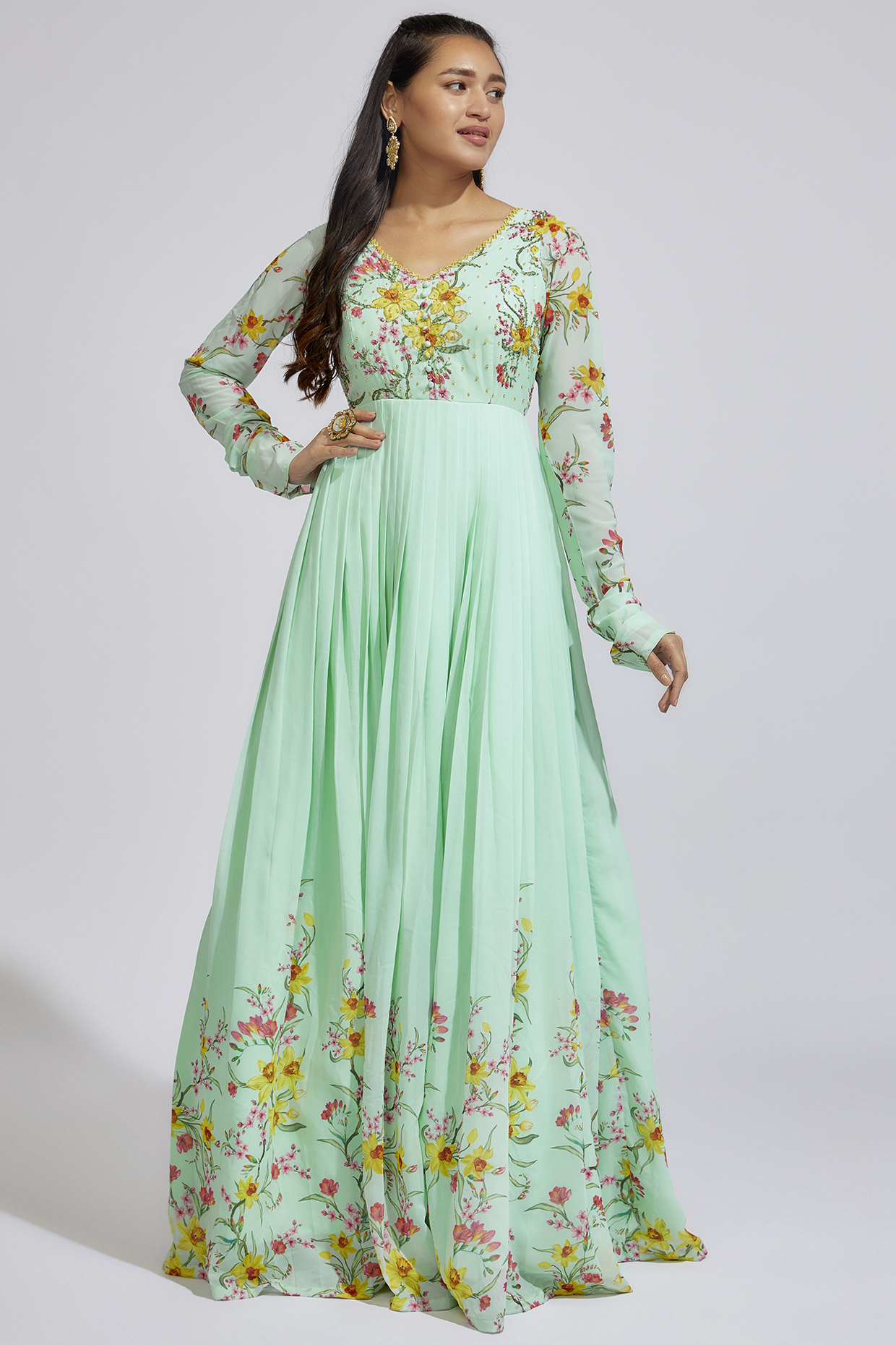 Mint Georgette Printed & Embroidered Anarkali by Keerthi Kadire