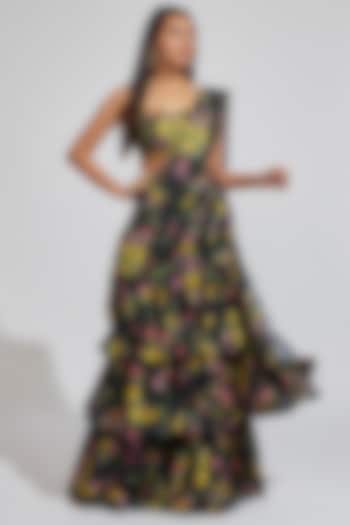 Black Georgette Floral Printed Draped Party Wear Saree Set by Keerthi Kadire at Pernia's Pop Up Shop