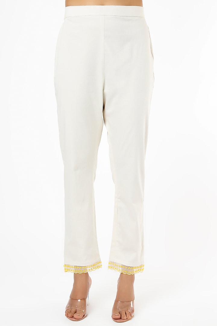 White Embroidered Pants by Keerthi Kadire at Pernia's Pop Up Shop