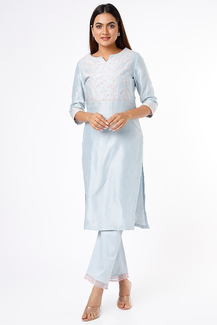 Powder Blue Embroidered Pants by Keerthi Kadire