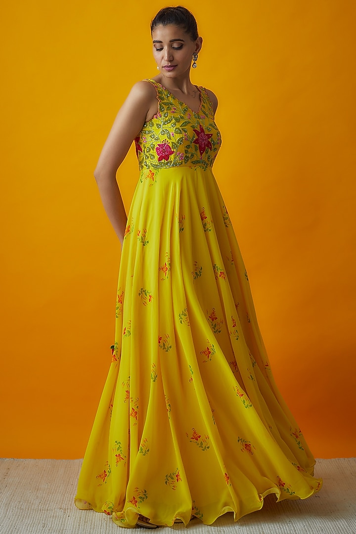 Yellow Georgette Printed & Embroidered Vacation Dress by Keerthi Kadire at Pernia's Pop Up Shop