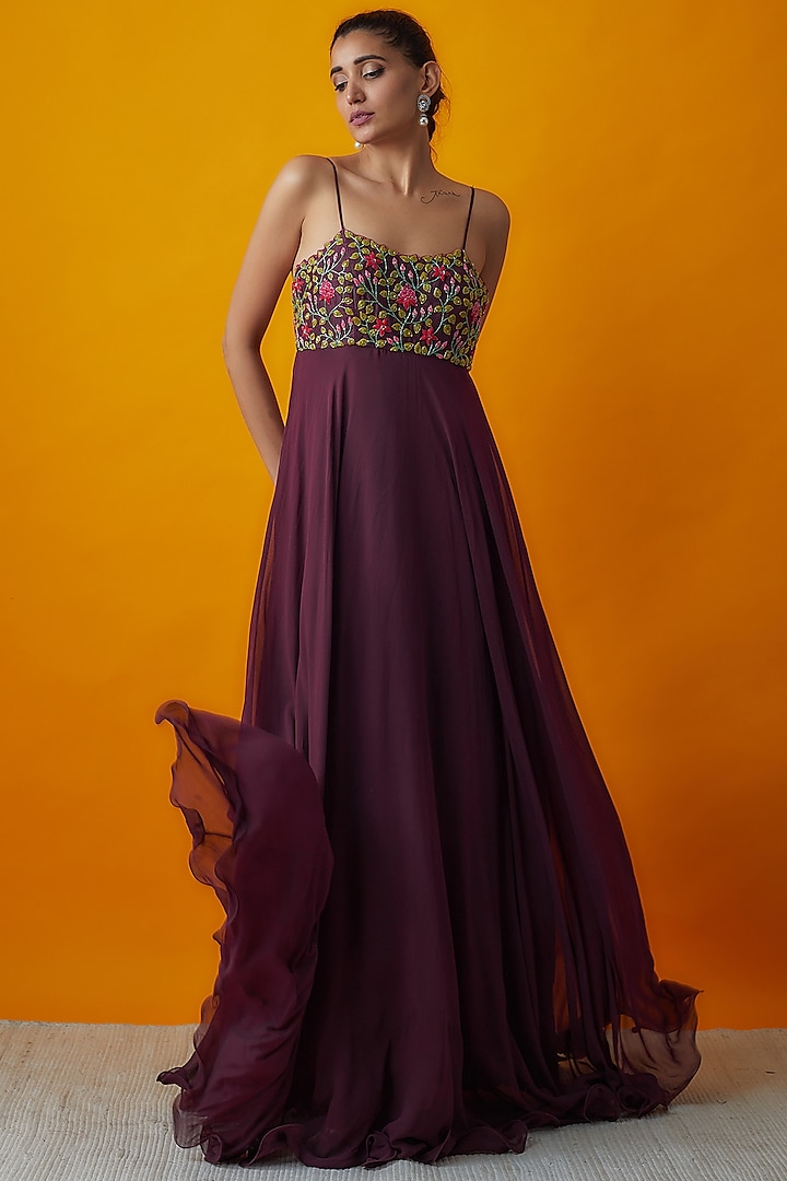 Wine Georgette Embroidered Dress by Keerthi Kadire
