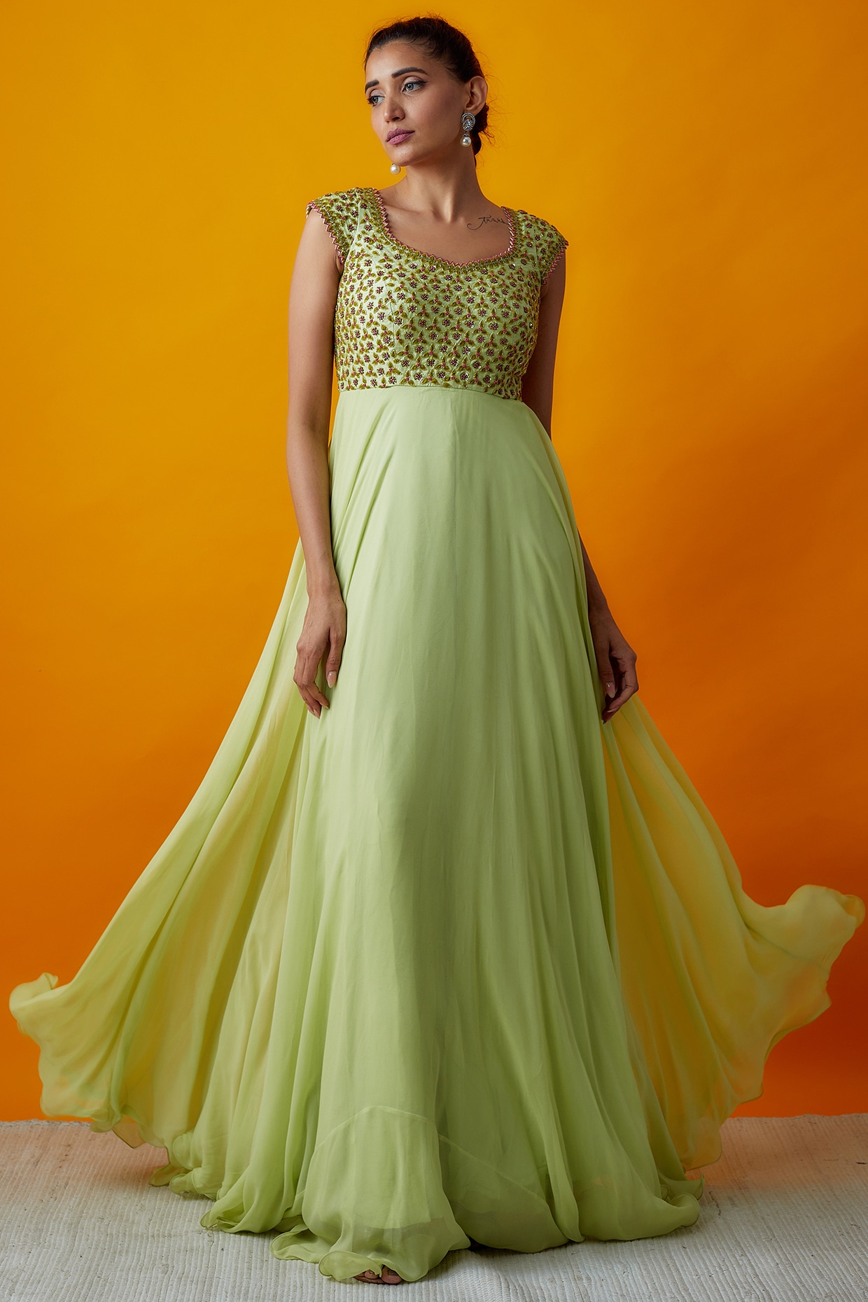 Buy Stunning Pista Green Georgette One Shoulder Gown Online in USA – Pure  Elegance