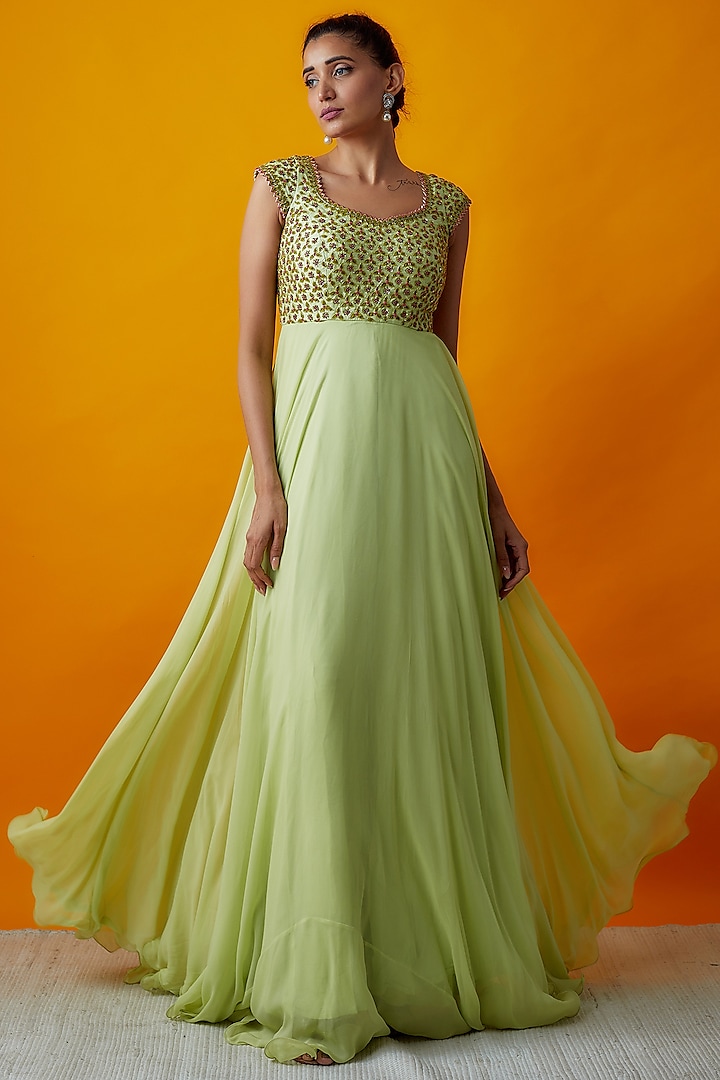 Pista Green Georgette Embroidered Dress by Keerthi Kadire